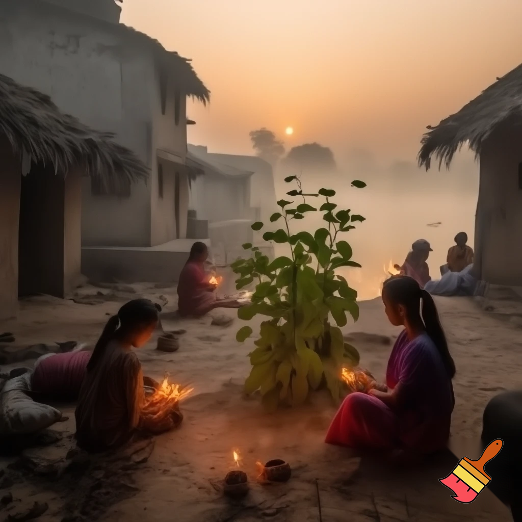 Early morning Indian village near Ganga river, small mud houses, tulsi plant in courtyard, women sweeping and lighting diya, soft sunrise light, peaceful spiritual aura, realism, cinematic tone.