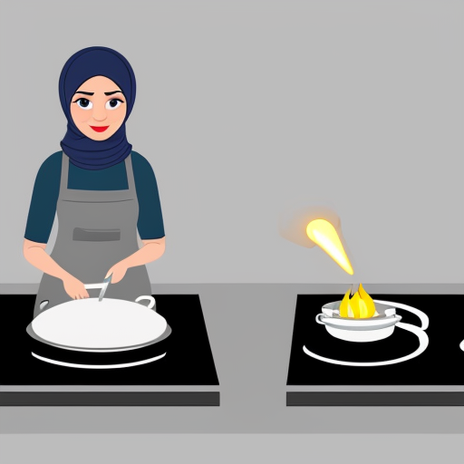 Pixar-style 3D cartoon character, standing at the stove, cooking gesture, exaggerated cartoon features, big expressive eyes, Muslim woman 35-40 years old, fully covered in wide light blue dress, loose modest clothing, headscarf covering all hair, no sexualized features, gray background, simple cartoon style