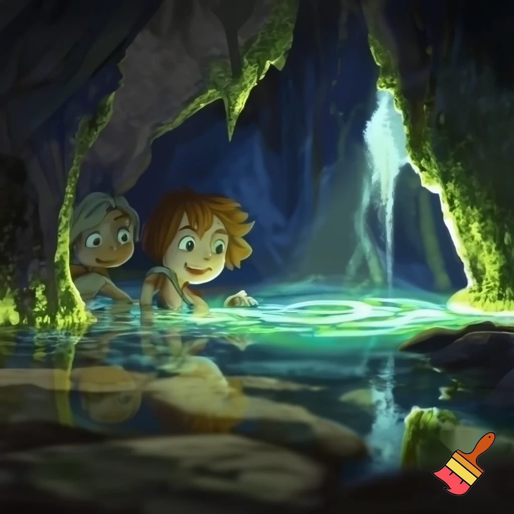 Girl and boy in cave with water

