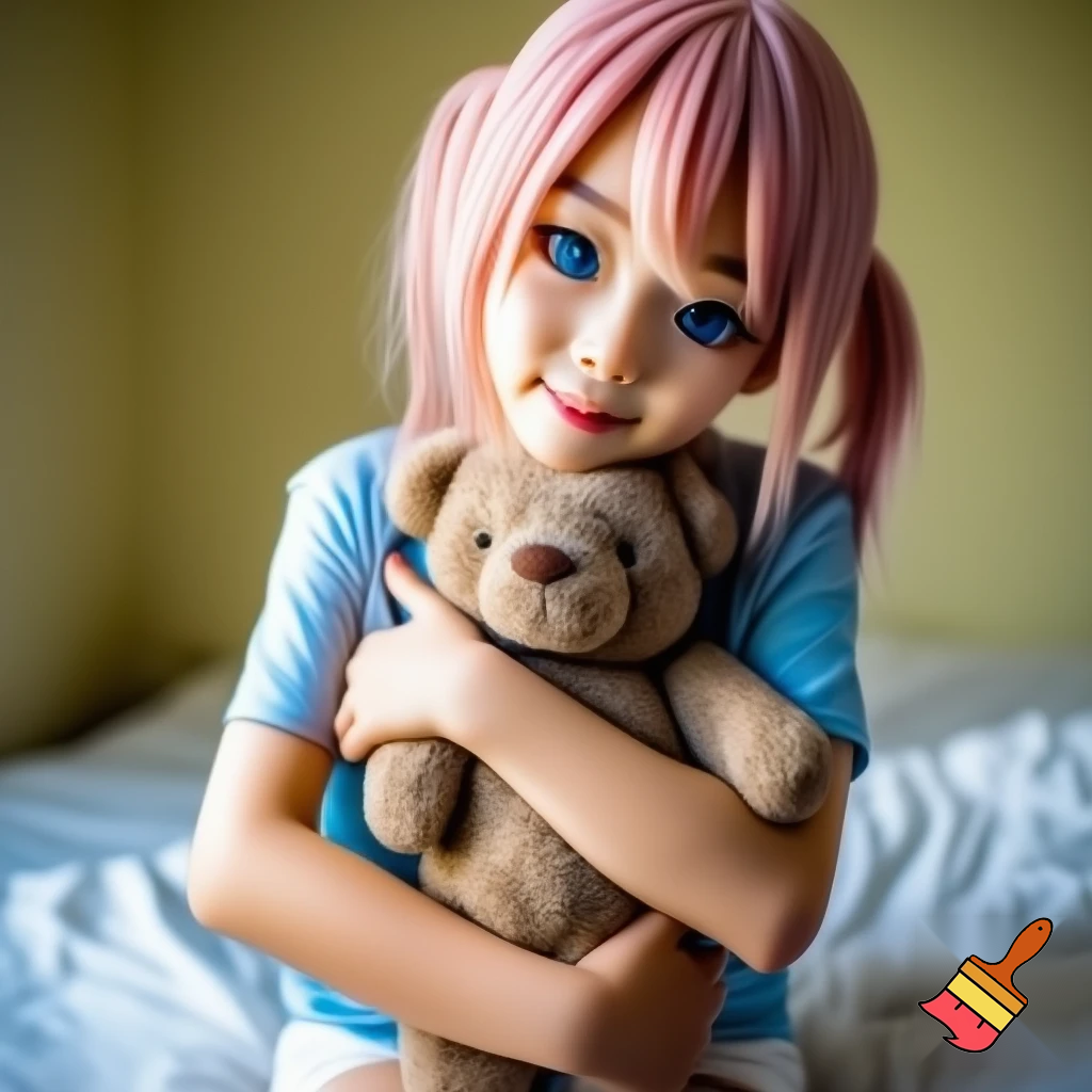 Anime girl hugging a teddy bear