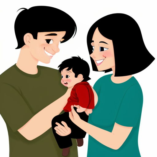 cartoon image of parents holding baby boy with black hair
