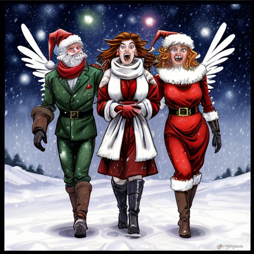 Színes, képregény-stílusú, szürreális jelenet: francia, flancos úrihölgy irigy és haragos, mikulás manó vöröshajú testvére mellett. Úrihölgy lopja Hermész szárnyas saruját az Olümposzról, idő száguld a végtelenbe, hóviharszerű harag, hatványozottan tündöklő tündér veszélyben. Túlzó arányok, humoros, dinamikus, kaotikus, élénk színek, szürreális képregény-hatás.”