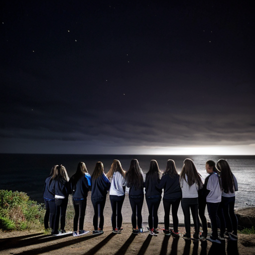 High school classroom yearbook group picture of people standing on the edge of the cliff to the ocean, at pitch black night heavy rainy night