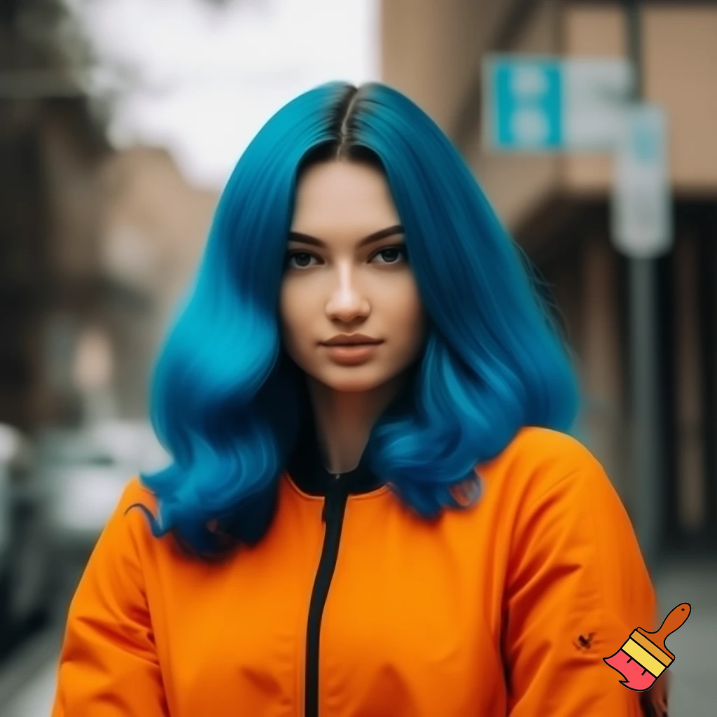 a girl with blue hair and a orenge jacket