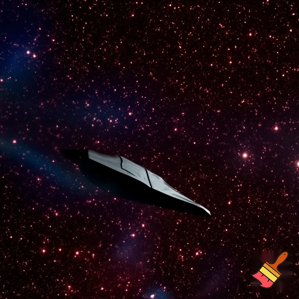 spaceship, seen from afar, crossing space full of red and white stars