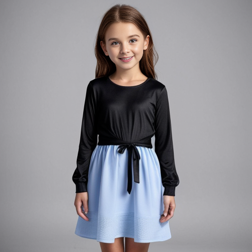 Make a sky blue dress long sleeve and a little big sleeves kids size black line around the waist no one wearing it white background 