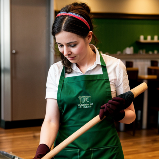 Una cameriera vestita di verde che spazza a terra, con un grembiule ed un fazzoletto intorno ai capelli