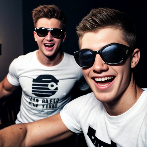 5 Jacked strong lean 20 year olds men wearing with bully clothes so cool and sunglasses and all of them are wearing white t shirt with dark blue jeans and they are all smiling and laughing in a dark room with party lights on (no one else in the room) (2010s color photo) (realistic photo with a slight shaky effect) and it looks like there is soda on the table. 