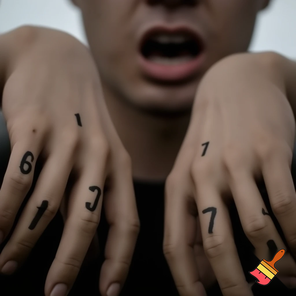 The number  6 7 on a person's hands while the person's mouth hangs open in a weird unlocked position. 