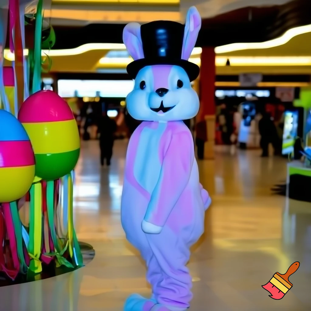 Easter bunny mascot top hat at the shopping centre mascot costume Darrell Lea magic room