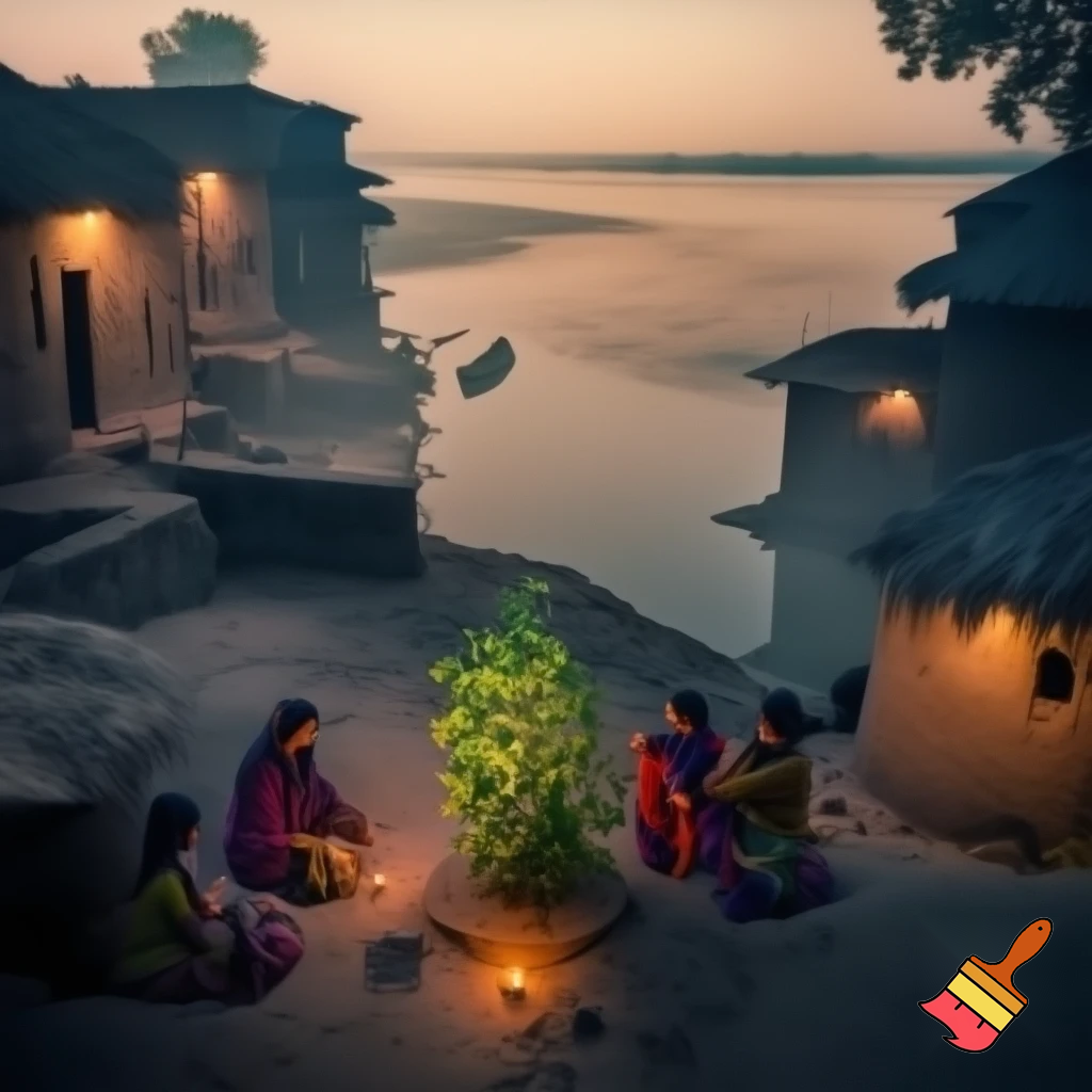 Early morning Indian village near Ganga river, small mud houses, tulsi plant in courtyard, women sweeping and lighting diya, soft sunrise light, peaceful spiritual aura, realism, cinematic tone.