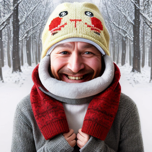 A laughable, puzzled toad in woolen, multicoloured winter clothings with woolen, funny winter cap. Hyperrealistic art style.