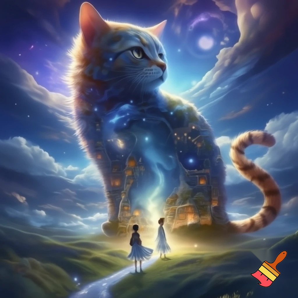 Можешь создать картинку - огромный кот на фоне сказочной природы , сквозь  его тело  проходит дорога во вселенную, его шкура состоит из домиков сказочных, его хвост пушистый полосатый в виде дороги, по которой идет юная девочка в полупрозрачном легком платьице , босиком, а на выходе из кота полупрозрачный силуэт взрослой девушки.