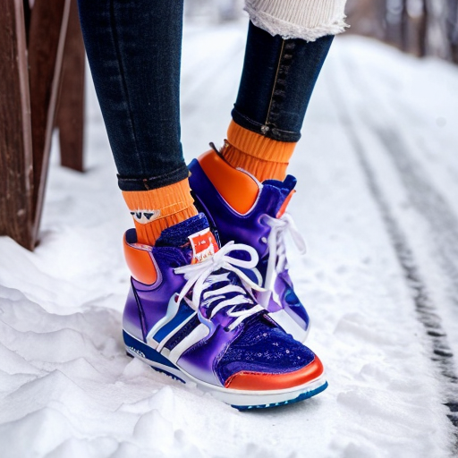 Rihanna orange tanktop belt blue short mini purple socks orange and white sneakers on a sitting Snow