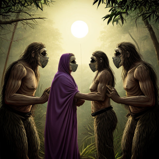 Her mother, Yura, had hidden her in the root cellar beneath their hut, wrapping her in damp cloth to mask her scent. It was a desperate act, born not of rebellion, but of love. She knew the price. She had known it since she was a child herself.
As the sun struck the altar’s peak, the elders emerged from the jungle, silent and skeletal, their bone masks glinting in the dying light. They did not speak. They did not search. They simply turned to Yura.
She did not run.
She stepped forward, arms raised, wrists bare.
But the elders did not stop at her.
They took her sister. Her cousin. Her niece.
Four women, bound together at the altar, arms stretched, wrists strung high. A chain of blood and defiance.
And then, from the jungle, came the sound.
Not a roar.
A breath.
A low, seismic exhale that made the trees bow and the villagers fall to their knees.
Kong had come.
But not for worship.
For judgment.