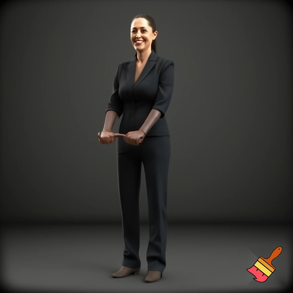 claudia sheinbaum holding hands with the devil and smiling, full body, 