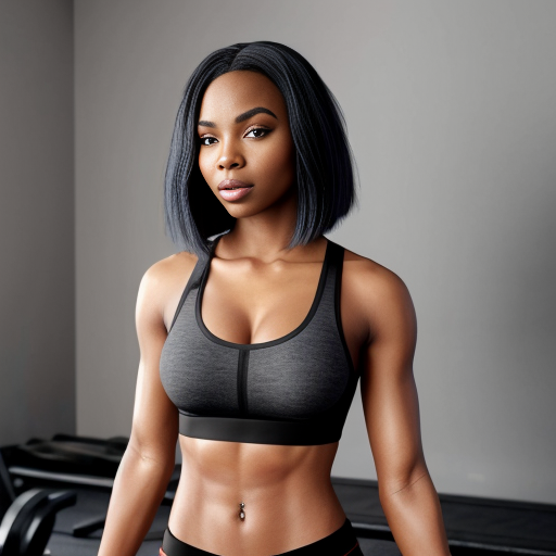 Ashanti with a black sleek middle part bob hair wearing a grey tank top and black bra working out 