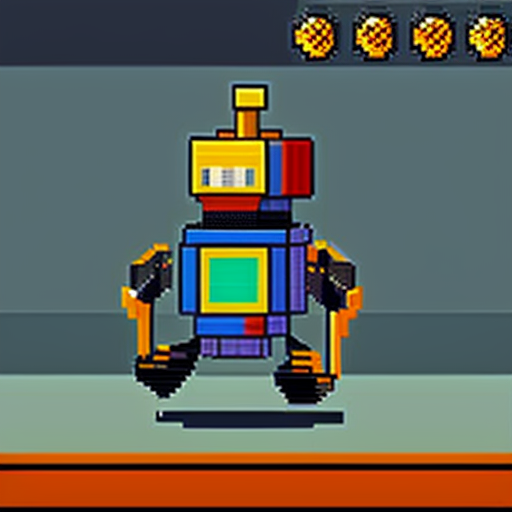 Make a pixel art of a enemy that is a robot crane head and has crane arms is really tall and is found in junkyards they could also shot balls of energy and this is a enemy for jumpbot the main charecters in our game