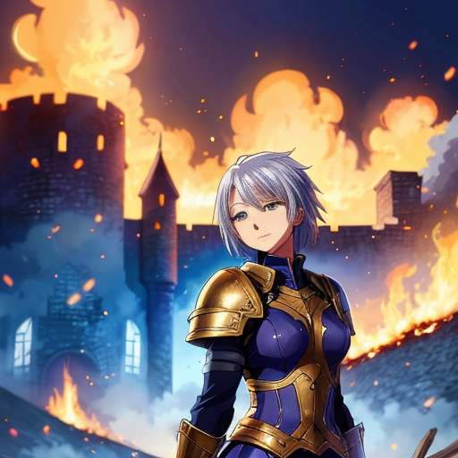 young, tall, white-haired woman in armor stands in front of a burning castle into which meteorites are falling.