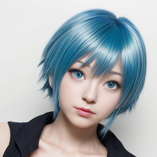 Simple anime. Female. Blue hair. Blue eyes. Head shot.