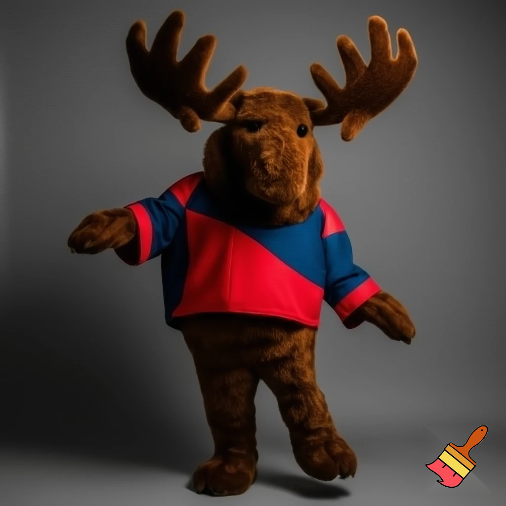 moose mascot
 wearing red and blue