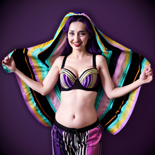 90's disney's 2d aladdin style comic dark blue background and panels of panel 1 the evil queen with purple and black striped harem pants and bra and purple curved slippers with both hand palms place together and hiding the bottom of her mouth with a purple and black striped veil wrapped around her arms and shoulders. 
panel 2 she danced with purple and black striped harem pants barefoot with purple and black striped bra and purple curved slippers and purple and black striped veil wrapped around her arms and shoulders and raising legs and bounced up and down her belly and shook her hips left and right. 
panel 3 as the evil queen  with purple and black striped harem pants and bra and purple curved slippers with purple and black striped veil wrapped around her arms and shoulders then spreading her arms, happily revealing her face to the viewer and giving a smile as she  shook her belly left and right. 
Panel 4 the evil queen  with purple and black striped harem pants and bra and veil wrapped around her shoulders and arms with purple curved slippers started to fading away , except her belly, which is bouncing around. 
Panel 5 then the ball transforms into the fading in belly of shego with rainbow striped harem pants and bra and rainbow veil wrapped around her arms and shoulders and red and pink curved slippers with her swaying her hips. 
Panel 6 shego  with rainbow harem pants and rainbow bra and rainbow veil wrapped around her arms and shoulders and with red and pink curved slippers and with her hand palms place together between her chest and she gives a smile and winking her left eye.  