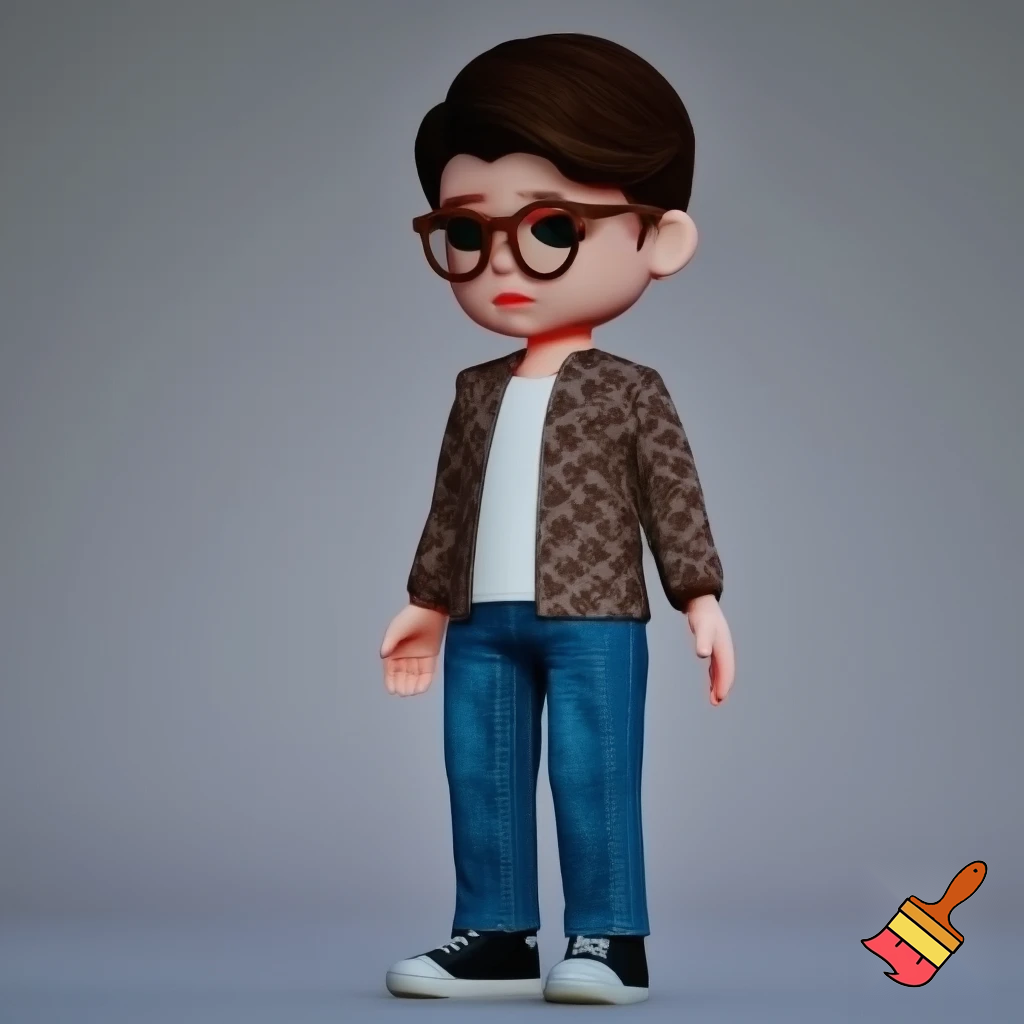 A Gacha brown boy with dark brown hair, brown glasses and a brown pattern jacket with a white shirt, blue pants and black shoes. 