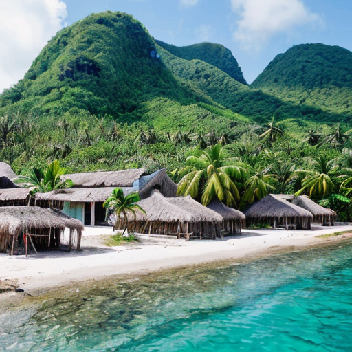 a tropical military base that was turned into a peacefully island village with lush trees and small huts with a large mountain on the far side of the island