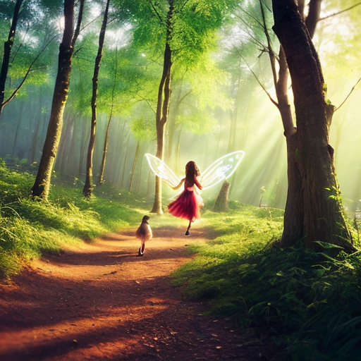 A magical lush green forest with sunlight filtering through tall trees, sparkling fairy dust in the air, chirping birds, and a small fairy named Laila flying with glowing wings, looking excited and curious. Soft magical atmosphere, cinematic wide shot, colorful and bright.