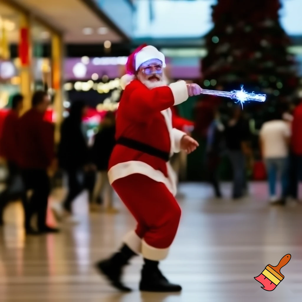 Santa Claus dancing shopping Centre walking Australian magic walking stick walking stick star running outside of the shopping centre on the Christmas tree