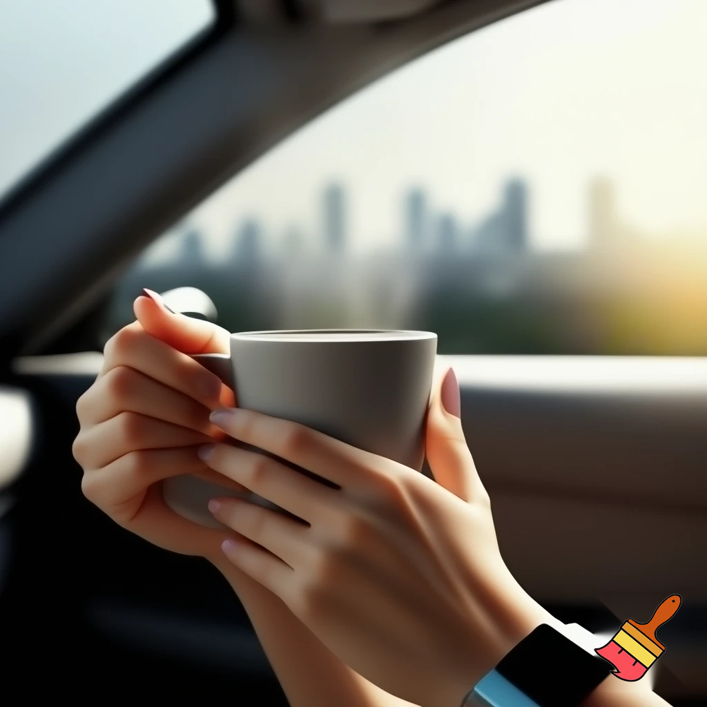 give me a photo of a successful woman holding a cup of coffee in her car, her face should not appear in the photo
