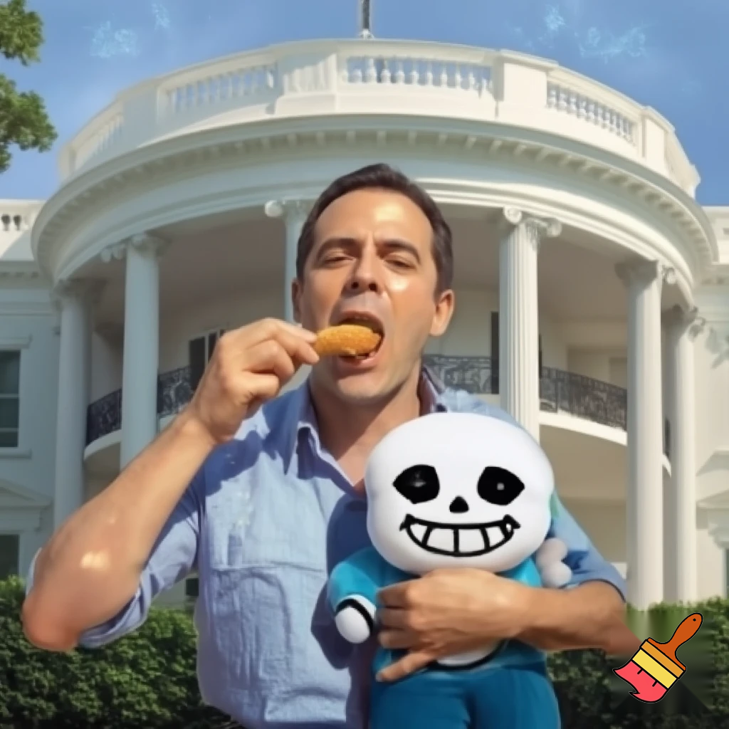 man eating chicken nugget in frront of the white house with sans undertale pulshie in his left hand
