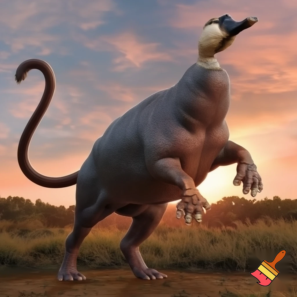 crea un animal con cuerpo de hippopotamo garras de tigre cola de puma patas de avestruz y cabeza de pato
