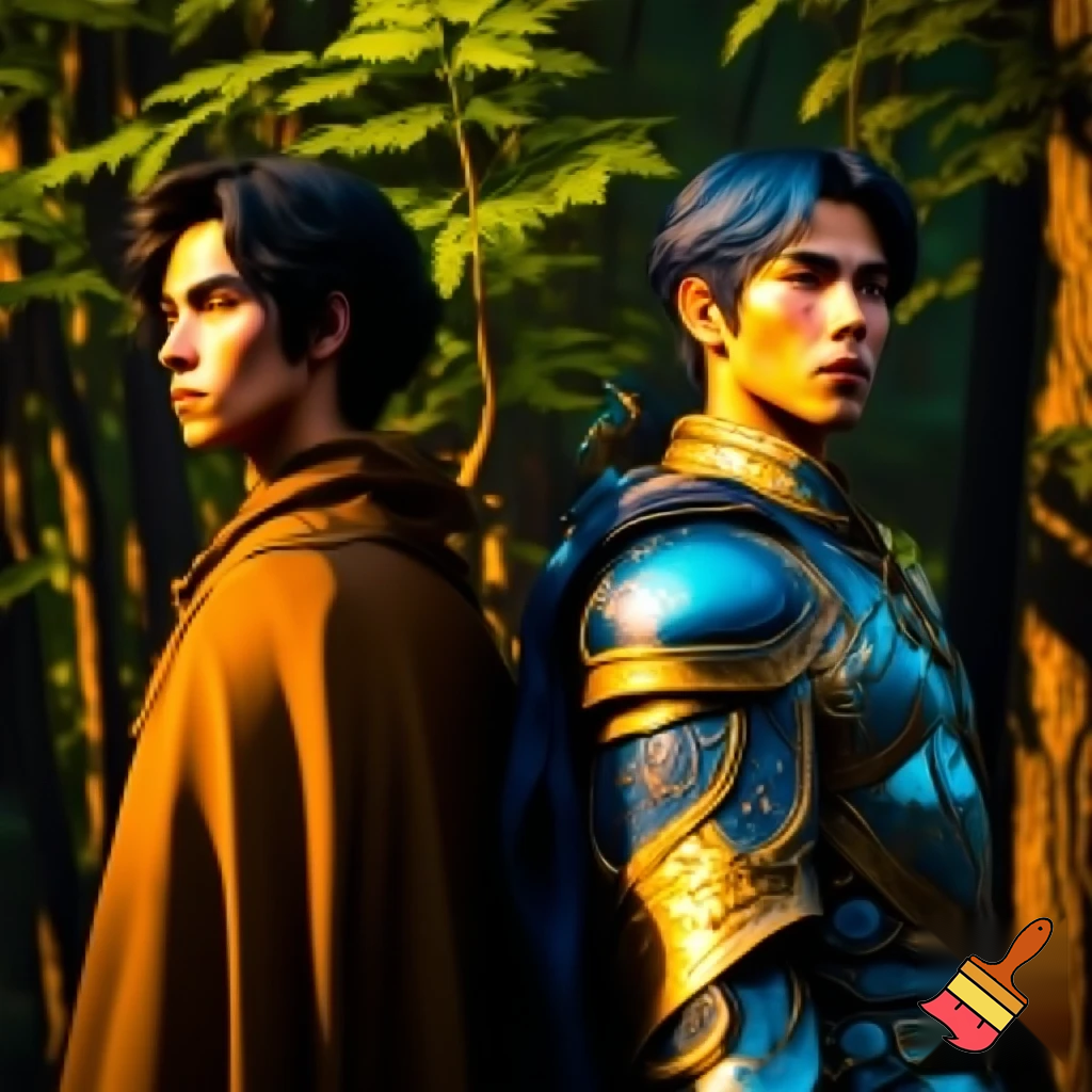 Create a photo-realistic exact replica of this reference image: https://www.slashfilm.com/img/gallery/how-ralph-bakshi-rescued-the-animated-lord-of-the-rings/our-hero-1644242156.webp. Identical composition, poses, facial expressions, clothing details (blue and gold armor with intricate engravings, brown cloak on the left figure), forest background with dappled sunlight through green leaves, warm golden-hour lighting, and moody atmosphere. Change only the hair color of the left character (blond, wavy-haired youth) from blond to jet-black, keeping length, style, and every other detail unchanged. 1280x720 resolution, 16:9 aspect ratio, high detail, no other alterations.