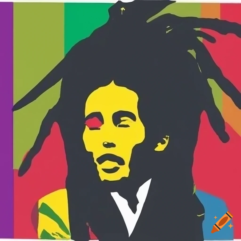 Minimalist, simplistic, pop art style portrai of Bob marleyplaying. Use only 5 shades of colour