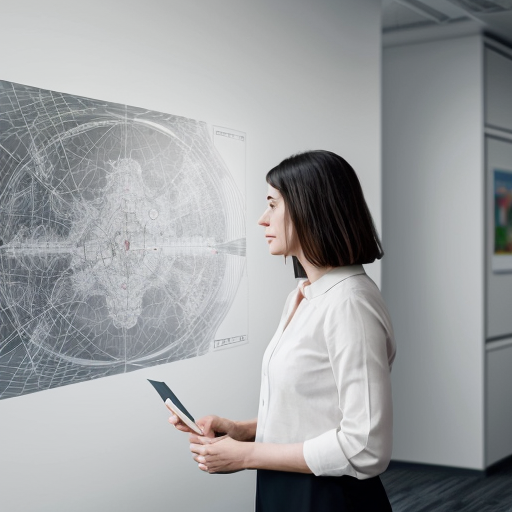 A calm, thoughtful professional woman standing in front of a large abstract map or schematic diagram with blurred and undefined paths, symbolizing uncertainty. She is not stressed, but reflective. Soft lighting, modern office environment, minimalist style, neutral tones. The mood conveys strategic thinking, responsibility, and long-term vision. Professional, realistic illustration or cinematic photography style.