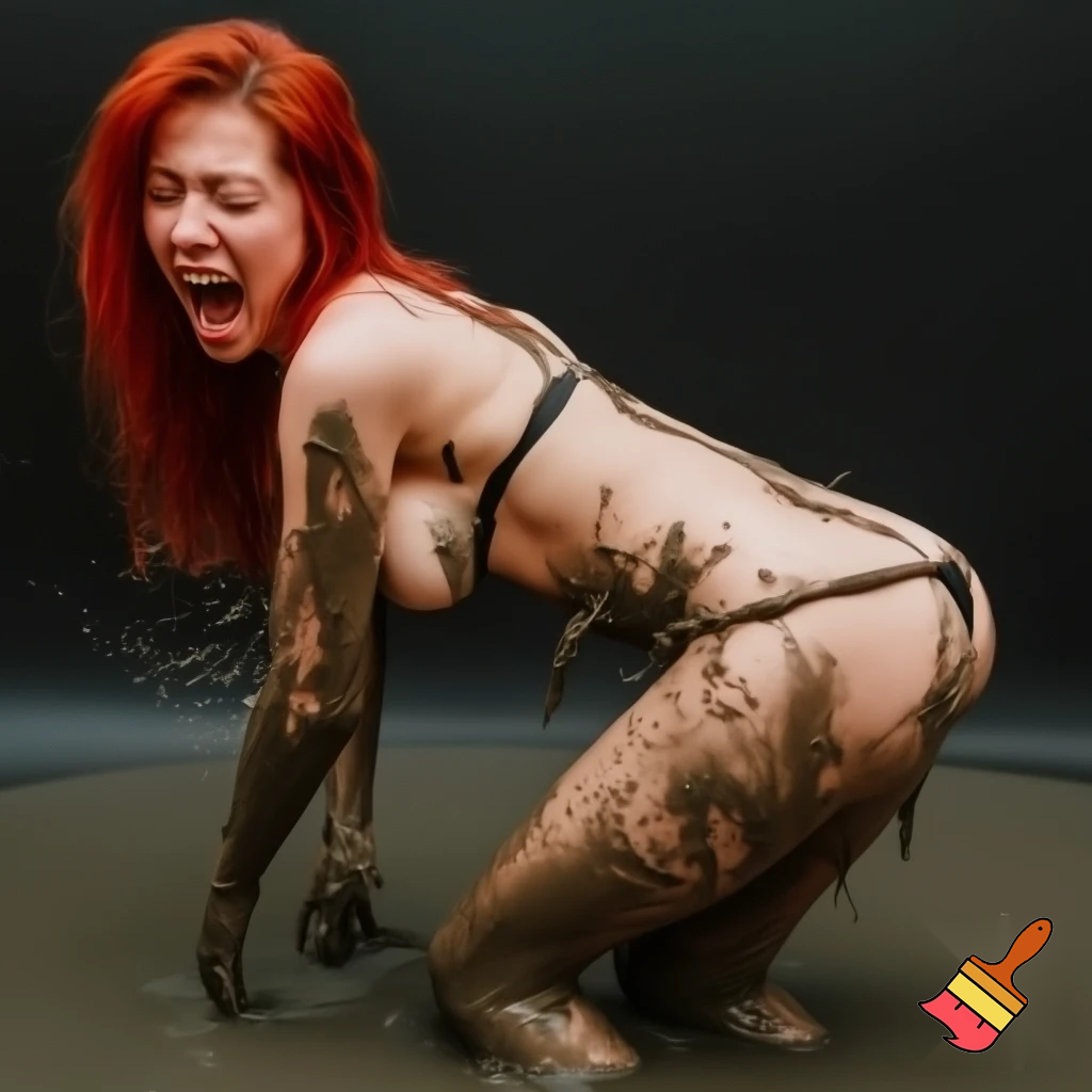 An attractive woman with red hair well formed breasts wearing a loin cloth is up to her buttocks in thick sticky mud the woman is struggling screaming in fear 