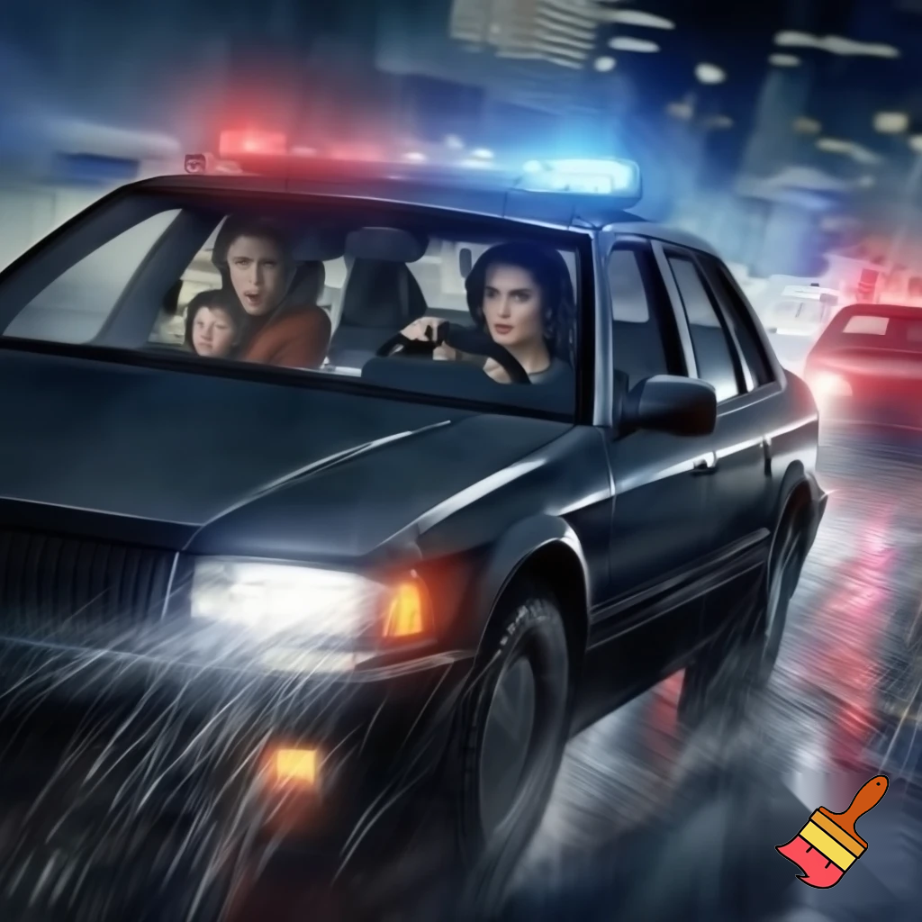 Female and male that are criminals in car running from police and two kids in the back.