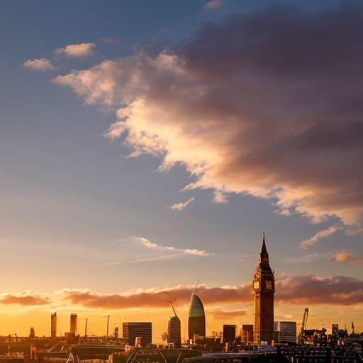 make the skyline of london with a sunset and fluying clouds in the sky