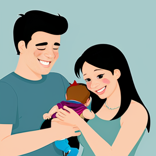 cartoon image of parents holding baby boy with black hair
