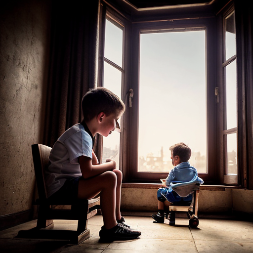 A touching painting split into two parts. Bottom half: a tired but hopeful child laborer (age 10-12) sitting at a street corner with shoeshine box, wearing simple clothes, dark gray and brown colors. Top half: magical window opening above the child showing colorful dreams - child studying at school, child playing on a swing, child with loving family celebrating birthday, child becoming a doctor. Warm golden light beams from dreams onto the child's face. A small bird sitting nearby. Contrast between dark reality and bright dreams.