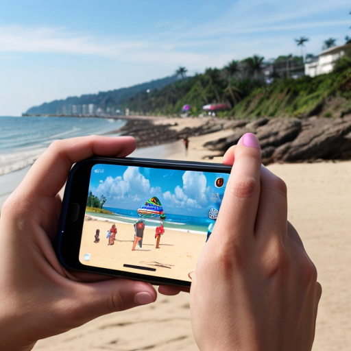 Goretzka play game on apple phone and Vanessa play game on apple phone at the beach 