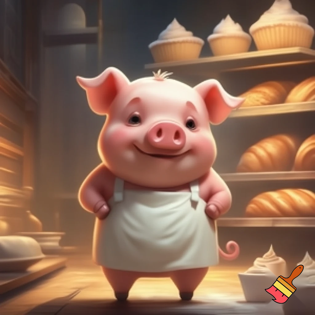 create a picture of a pig that has a white apron and a curly tail, cartoon style. He is a baker.