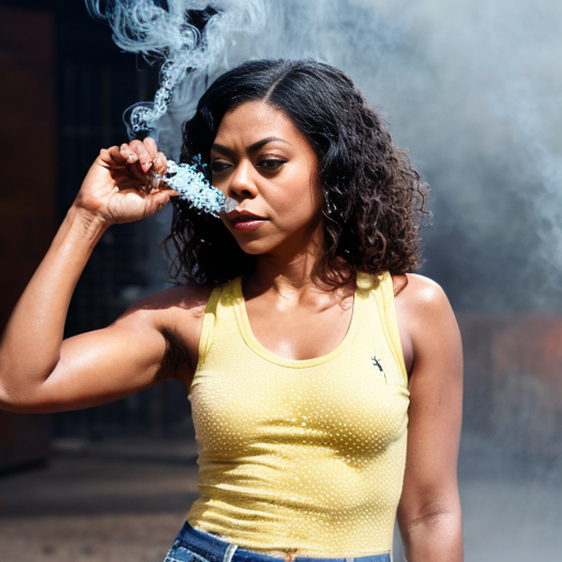Taraji P. Henson as an FBI one beige fur jacket and yellow beige tank top red and yellow dots and blue jeans with long curly thick hair 20th Century Fox spray sprinkling water TNT stone smoker *punch*