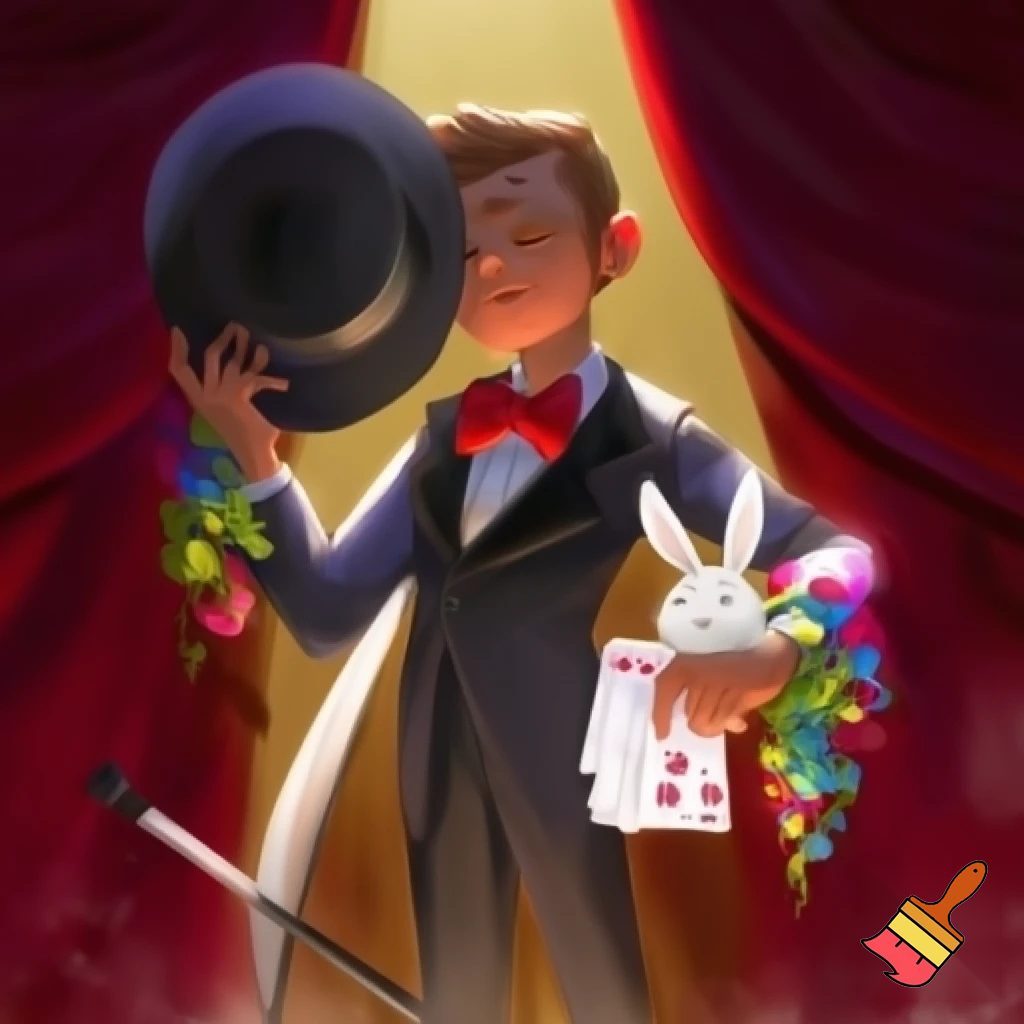 Preteen Boy Magician on Stage Tuxedo Red Bowtie Rabbit in Hat Cane Cards Flowers