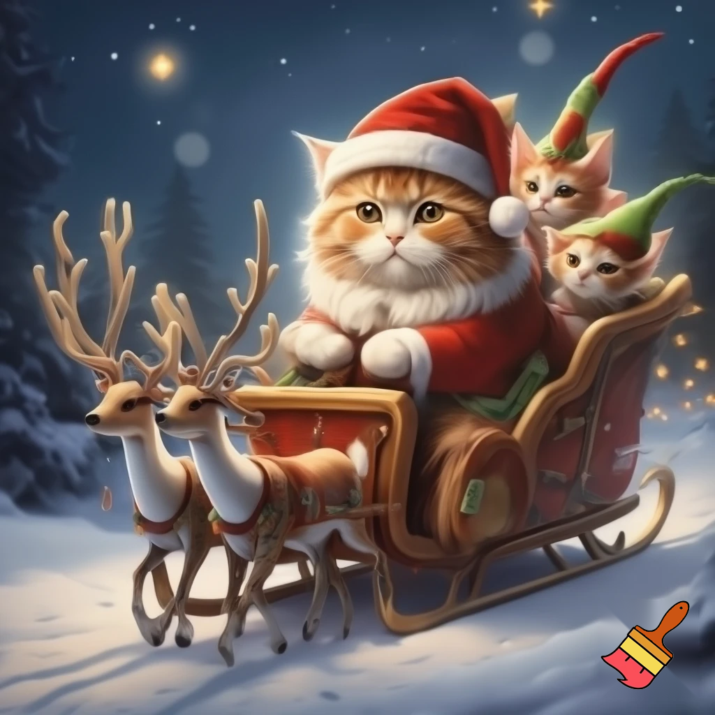 A cat in a Santa Claus costume, elf kittens in the background, reindeer in a sleigh