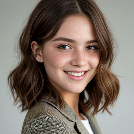 A young, light-skinned woman is positioned in the center of the frame, smiling broadly with her head tilted slightly. She appears to be in her early twenties. Her short, choppy hair is red-brown color. She's wearing a light olive blazer over a white t-shirt. The woman has a slender build.
her skin is heavily speckled with numerous, small freckles, a prominent feature that covers her face, including the forehead, cheeks, nose, and chin. The environment has a casual, bright feel. The perspective is at eye-level. The composition is well-balanced, emphasizing the subject's cheerful xpression. The lighting is soft, highlighting the colors of her clothing and hair. The style is contemporary and youthful