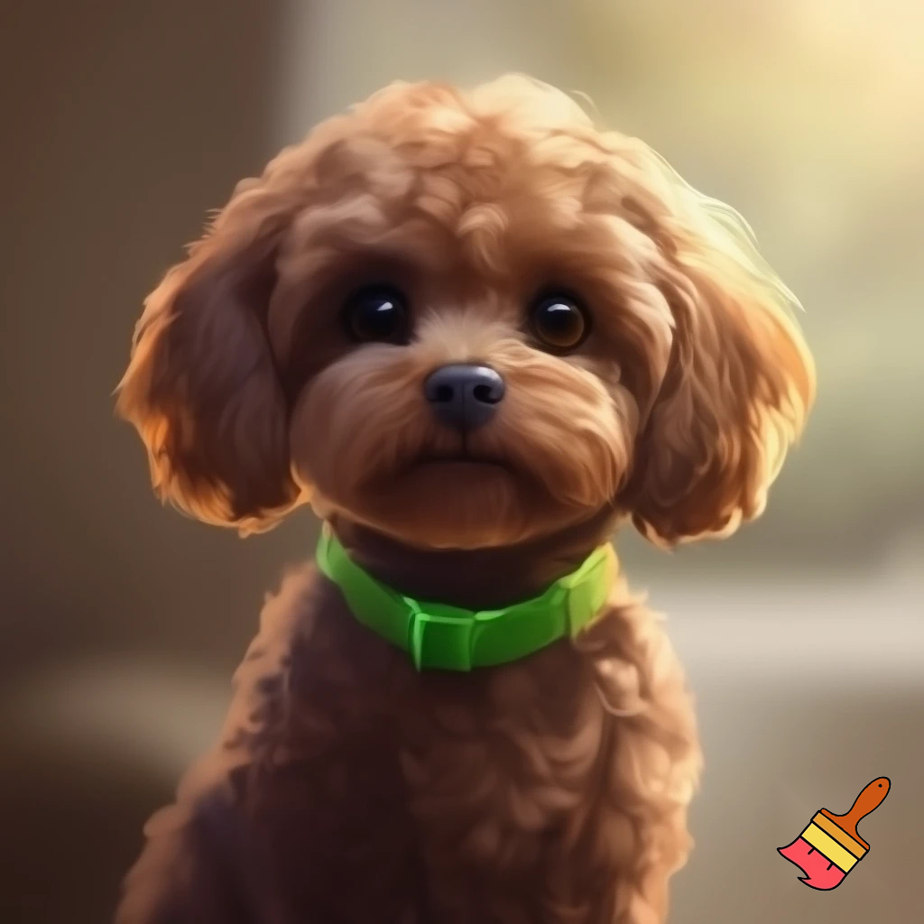 small brown curly haired dog with green collar