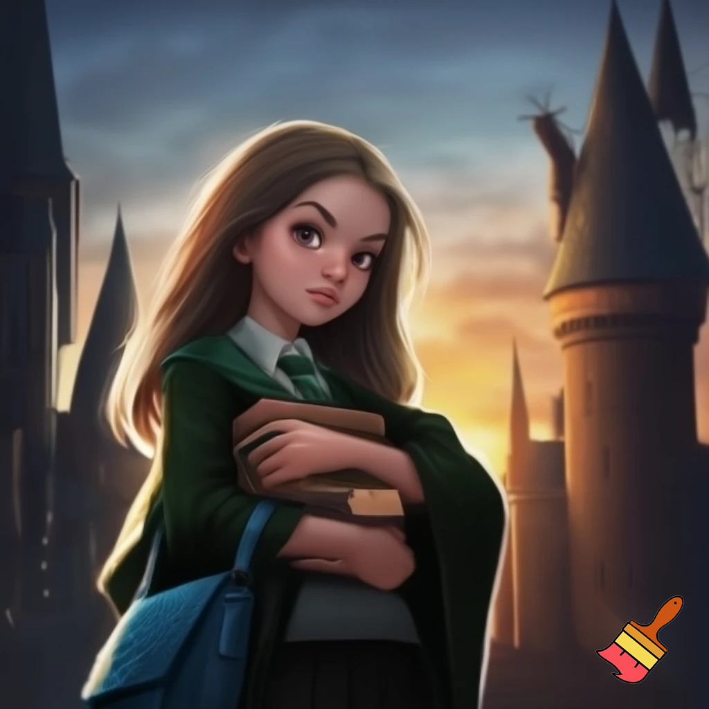 Make me a picture of a young 5'2, 14 year old girl with straight brownish-blonde hair and pale skin and glasz colored eyes. She is wearing Slytherin robes and standing in front of Hogwarts holding her books and she has a small blue side bag