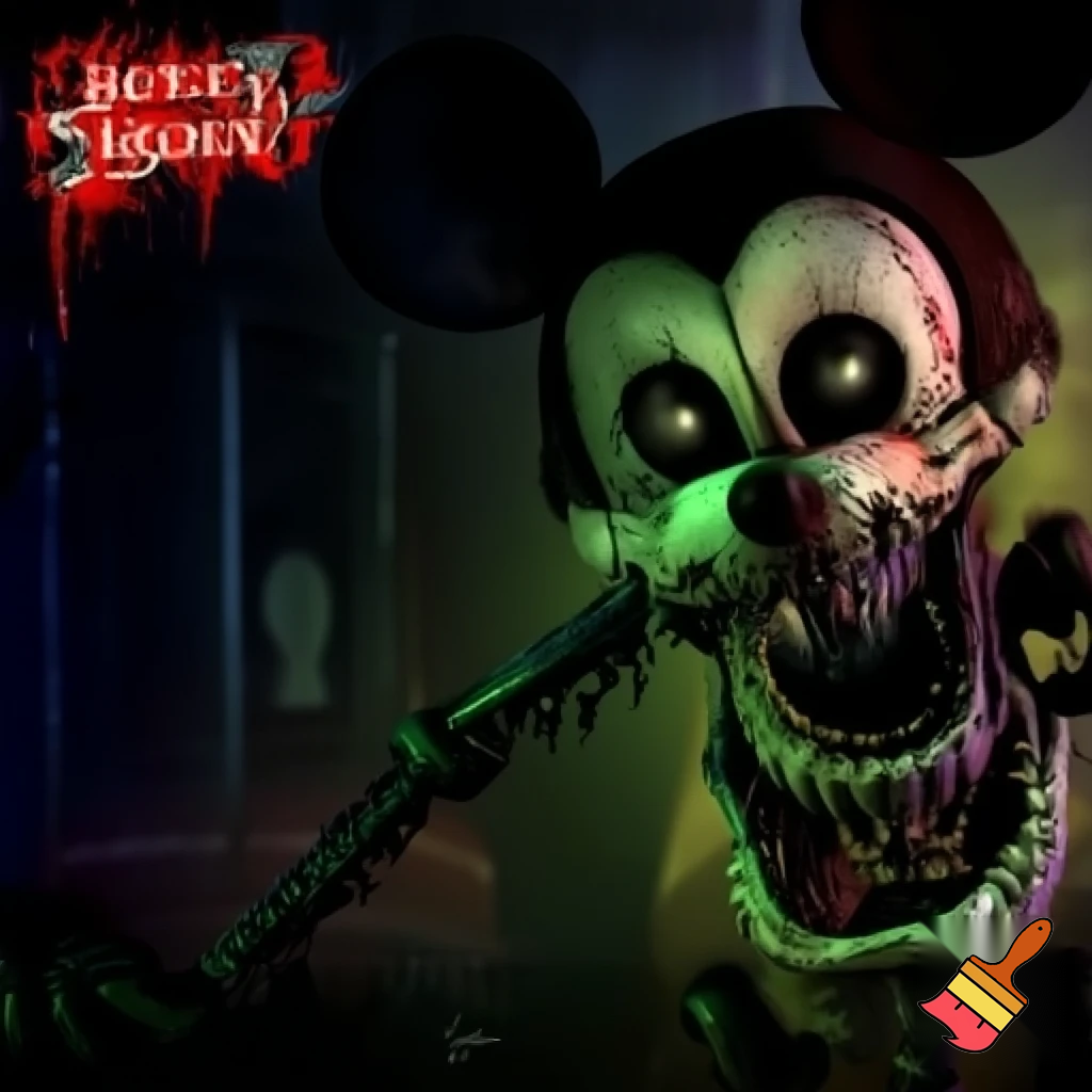 A horror video game main menu screen with a title on the top left that says “Five Nights in Disneyland” on the right it shows an Animatronic Mickey Mouse